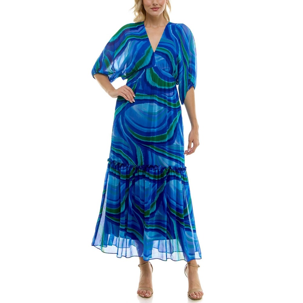 Taylor Blue Green Marble Print Maxi Dress V-Neck Puff Sleeve Smocked Waist Sz 2